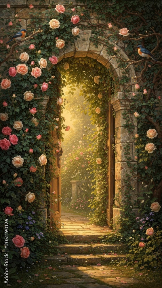Fototapeta premium Enchanted Secret Garden Archway Glowing Sunlight Mystical Roses Lush Ivy Covered Stone Pathway Romantic Fairytale Entrance Dreamy Hidden Paradise Gate Tranquil Ancient Wonderland Portal Beautiful