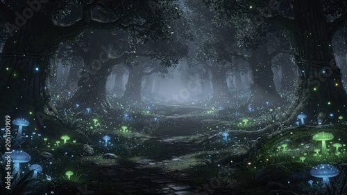 Enchanting bioluminescent forest at night with vibrant glowing blue and green mushrooms illuminating a mysterious dark pathway through ancient mystical trees creating a magical fantasy landscape