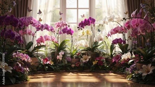 Vibrant pink purple white phalaenopsis orchids bloom in elegant sunlit room delicate butterflies near grand window light on polished wooden floor exquisite botanical natural beauty luxurious home