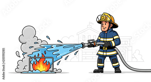 Firefighter in uniform using hose to extinguish flames from a burning barrel