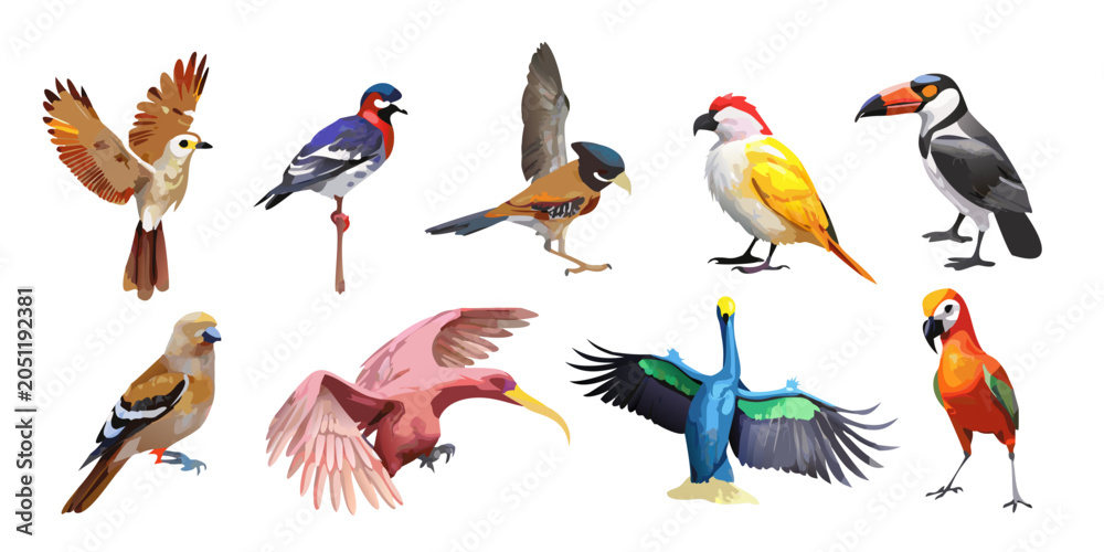 Fototapeta premium Collection of colorful exotic and wild birds set, vector