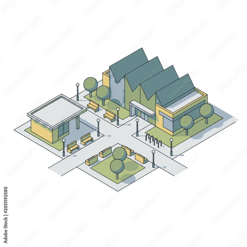 Fototapeta premium Isometric illustration of a modern urban street corner with buildings, benches, and trees.