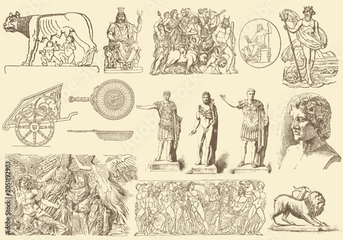 Foto Sepia-toned ancient greek warriors, gods, and mythological creatures in detailed