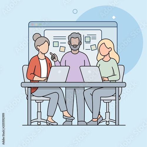 Team Meeting Illustration. Working colleagues discussion. Solution finding in a business room. Isolated vector concept. Fully editable.