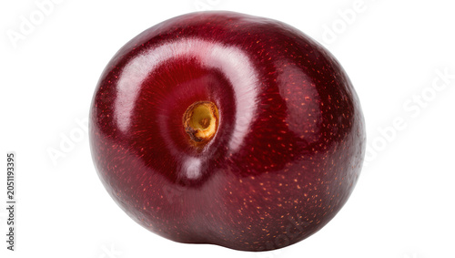 Obraz na płótnie Single dark red cherry with stem indent and glossy skin