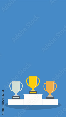 Podium winners. Gold, silver and bronze cups on podium. Vector illustration