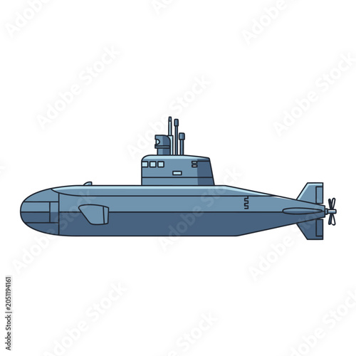 Blue submarine cartoon illustration underwater vessel with conning tower and propeller