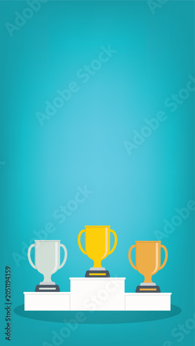Podium winners. Gold, silver and bronze cups on podium. Vector illustration