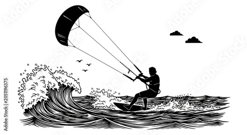 Foto Kitesurfer riding wave, kitesurfing concept, water sports background