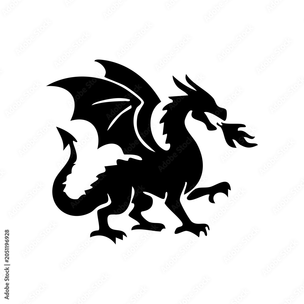 Fototapeta premium Silhouette of a mythical dragon breathing fire, fantasy creature