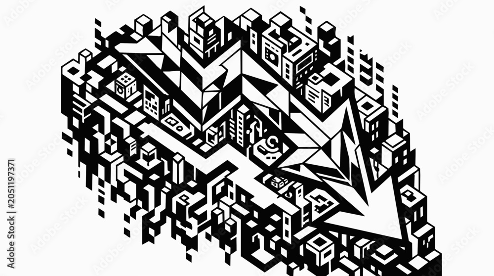 Obraz premium Abstract isometric cityscape with geometric buildings, arrow, and digital grid elements in monochrome.