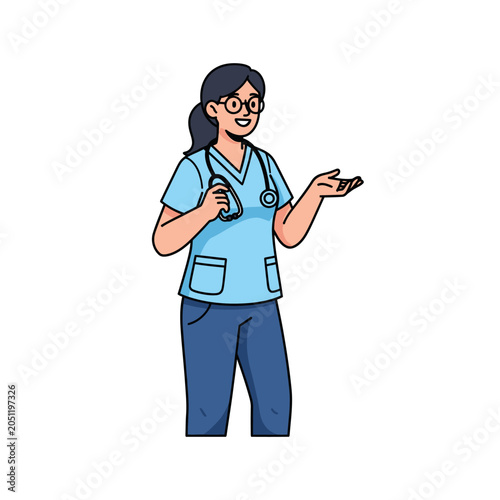 Friendly female medical professional in scrubs holding smartphone
