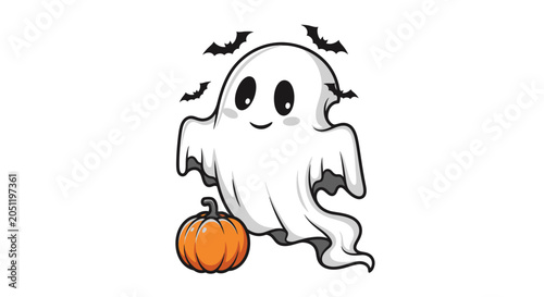 Cute cartoon ghost with pumpkin and bats halloween vector illustration