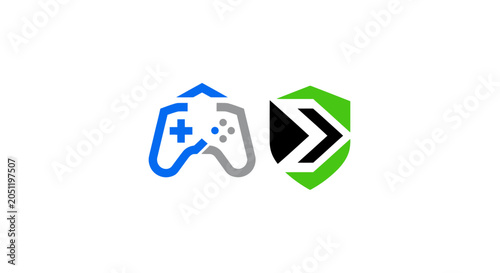 Gaming controller and play button symbol on white background