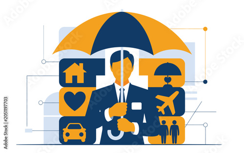 Graphic illustration of a businessman holding a protective umbrella over various life insurance icons with insurance