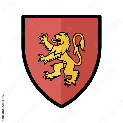 Gold lion rampant heraldic shield emblem on red background