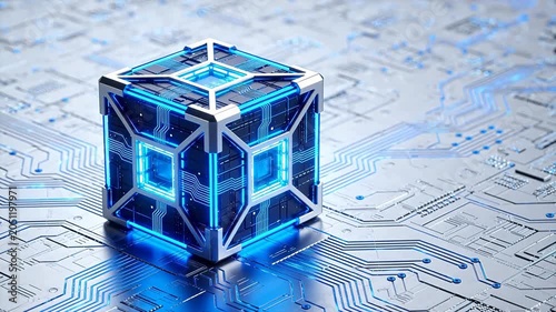 Futuristic cube on circuit board
