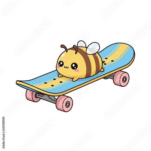 Cute cartoon bee riding a skateboard illustration