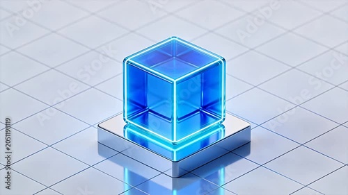 Blue glowing cube on metallic base