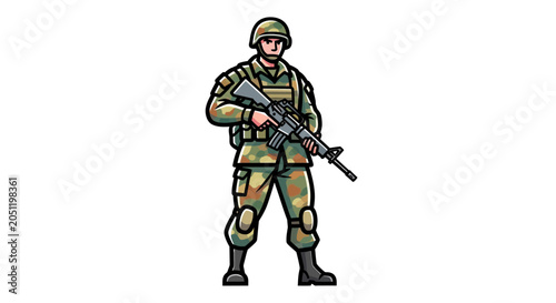 Digital illustration of a standing soldier in full camouflage gear holding a rifle