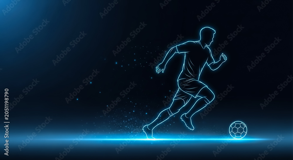 Fototapeta premium Illustrative stock image of a soccer player in mid-sprint, glowing blue lines, with a soccer ball in the background.