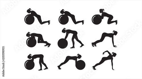 Modern pilates workout symbol pack with balance ball exercises, stretching routines and fitness icons isolated on white background