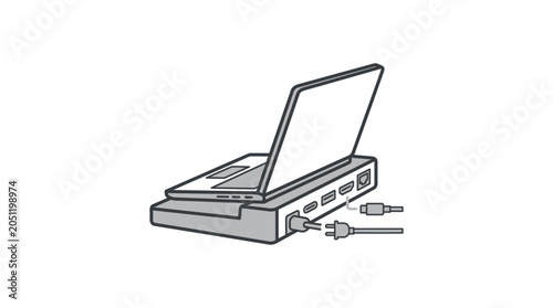 Laptop docking station with multiple cable connections.