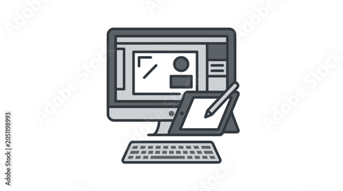 Graphic design workstation with monitor and digital tablet.