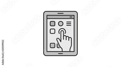Hand interacting with a tablet computer touch screen.