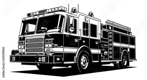Fire truck, emergency vehicle, black and white illustration, rescue concept, background