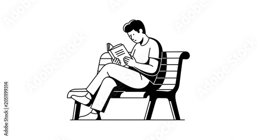 Man reading book while sitting on a bench isolated black and white line art