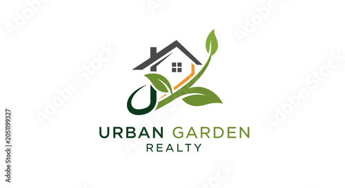Modern real estate logo home with green leaves conceptual design isolated