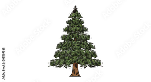 Digital illustration of a green pine tree with brown trunk on white background