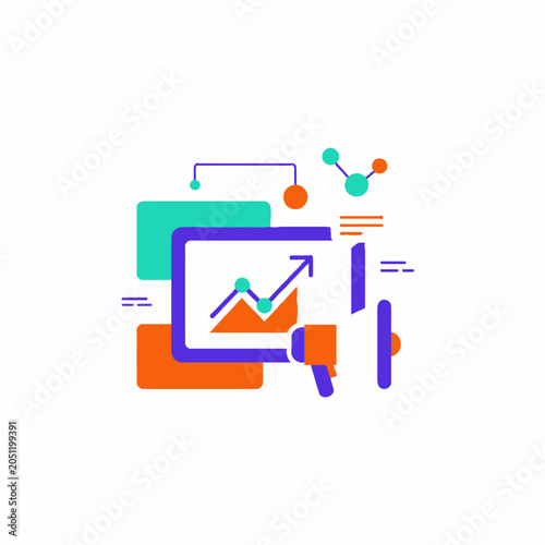 Digital marketing data analytics dashboard with growth chart and megaphone icon