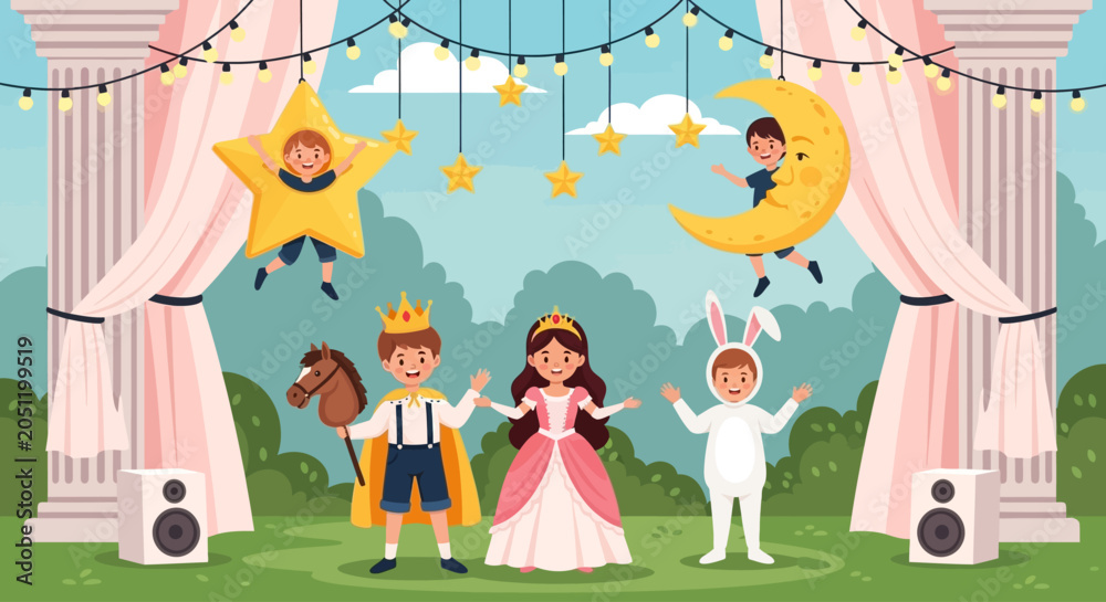 Naklejka premium Children in costumes on outdoor stage, fairy tale performance, kids entertainment concept
