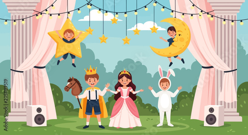 Children in costumes on outdoor stage, fairy tale performance, kids entertainment concept