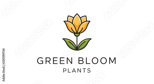Stylized floral logo design featuring a yellow flower and green leaves on white