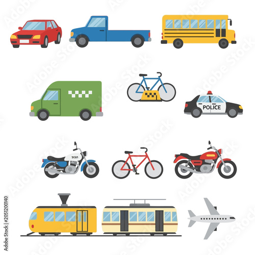 Diverse transportation modes illustration including cars trucks bikes and public transit
