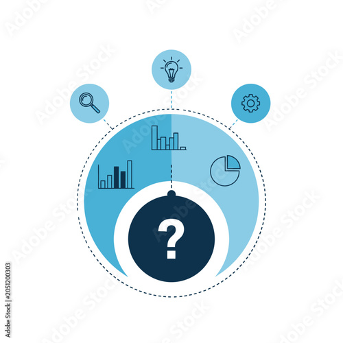 Flat design graphic illustrating business data analysis and problem solving concept with icons