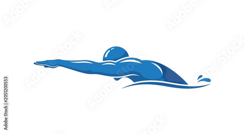 Dynamic blue silhouette of a person swimming freestyle in water with splashes