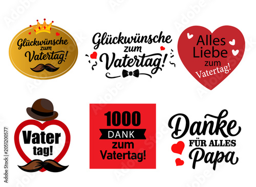 German Father's Day greeting badges set vector. Typographic stickers collection with hearts, mustache and crown.