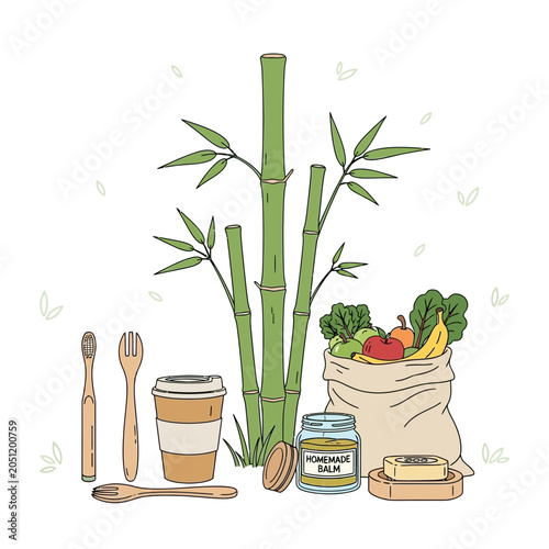 Eco friendly sustainable living illustration with bamboo and zero waste products