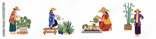 Set of illustrations depicting Southeast Asian women in traditional clothing and hats gardening and watering various plants, isolated on white background.