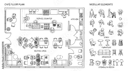 Architectural floor plan for a modern cafe with modular furniture and interior design elements for restaurant layout planning.