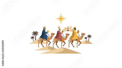 Bild auf Leinwand Three Wise Men on Camels, Nativity Scene, Bethlehem Star