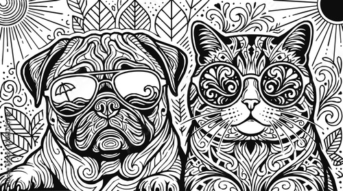 Detailed Zentangle coloring page of a cool dog and cat wearing sunglasses, showcasing intricate patterns for creative relaxation.