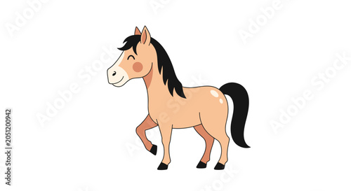 Friendly brown horse with a black mane and tail walking happily across a clean white background in a vector style.