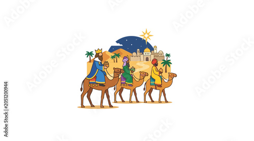 Foto Three Wise Men on Camels, Journey to Bethlehem Star, Nativity Scene Illustration