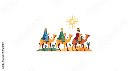 Bild auf Leinwand Three Wise Men Riding Camels Under Star, Nativity Scene Illustration