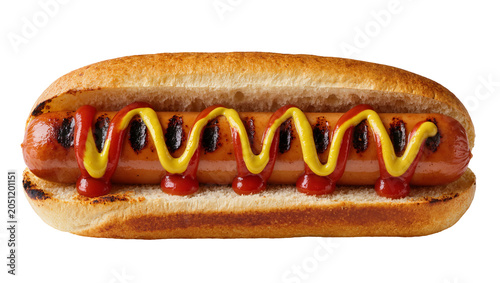 Obraz na plátne Hot dog with ketchup and mustard in a bun